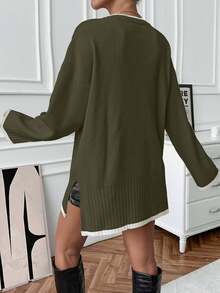 EURMUSE Casual Minimalist Loose Fit Everyday Versatile Round Neck Long Sleeve Pullover Sweater - Army Green - View 2
