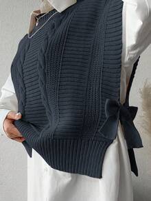 EURMUSE Women's Solid Color Cable Knit Sweater Vest - Dark Grey - View 5