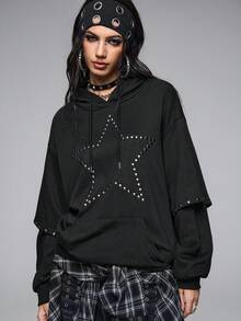 ROMWE Grunge Punk Punk Grunge Heart Studded Sweatshirt - Black - View 6