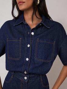 COSMINA 女士时尚纽扣装饰短袖牛仔连体裤 - 藏蓝色 - 查看 6