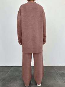 Women's Casual Loose Fit Drop Shoulder Sweater And Pants 2 Pieces Set, Autumn/Winter - Rusty Rose - View 2