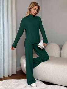 EURMUSE Women High Neck Dropped Shoulder Long Sleeve Casual Loose Sweater And Knitted Pants Set,Petite Co Ord,Co Ord,Petite,Winter Clothes - Dark Green - View 5