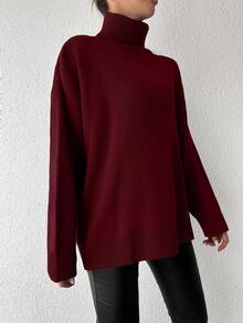 EURMUSE Áo len chui đầu dài tay cổ cao màu trơn đơn giản đa năng cho nữ - Màu Đỏ Sâu - Xem 6