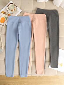 SHEIN 3pcs/Set Tween Girls' Ribbed High Waist Thermal Lined Leggings, Winter Leggings For Girls, Preteens Girl Leggings, Tween Girls Sets, Teen Girl Pants - Baby Blue - View 2