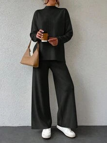 EURMUSE Stand-Collar Long-Sleeved Sweater And Knitted Trousers Two-Piece Set - Black - View 3