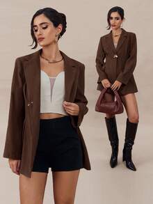 Modelyn Women's Solid Color Lapel NeckLong Sleeve Metal Decor Casual Office Blazer Jacket, Autumn - Brown - View 1