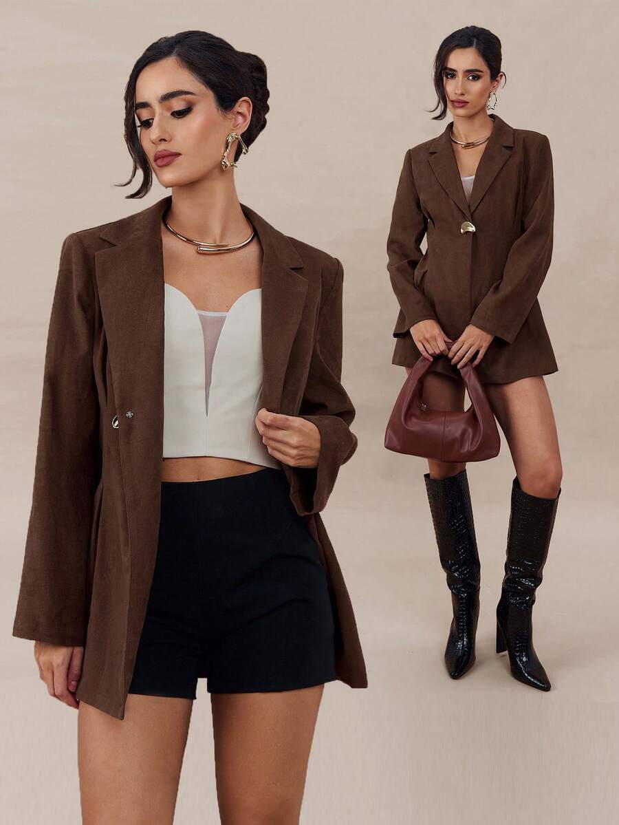 Modelyn Women's Solid Color Lapel NeckLong Sleeve Metal Decor Casual Office Blazer Jacket, Autumn - Brown - View 1