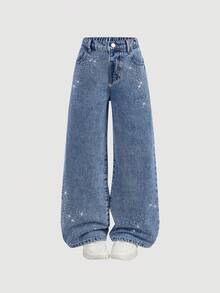 SHEIN Tween Girls Y2K 时尚水洗蓝色水钻装饰牛仔裤，喇叭腿休闲牛仔裤，适合城市漫步、日常时尚、拍照、闲逛、上学、通勤、聚会，2025 年秋季新品 - 中等水洗藍 - 查看 10