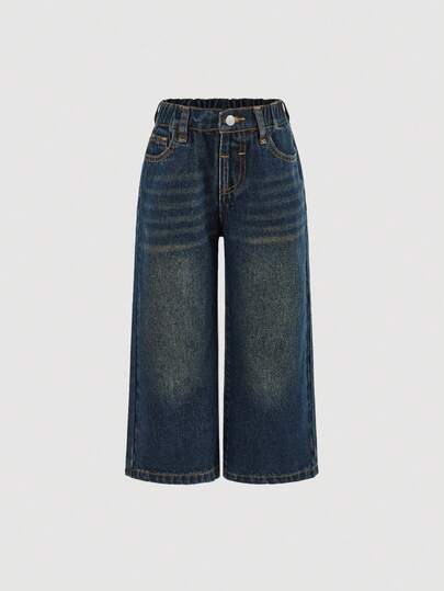 SHEIN 女童宽松阔腿牛仔蓝色牛仔裤，夏季波西米亚风薄款牛仔阔腿裤