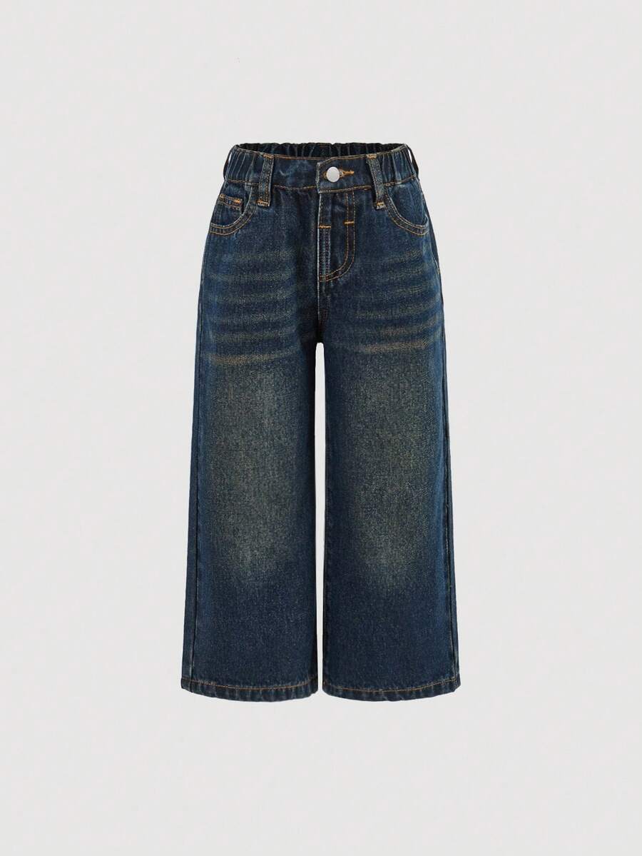 SHEIN Quần jean denim ống rộng màu xanh dương rộng rãi cho bé gái, quần denim mỏng ống rộng phong cách Boho mùa hè - Rửa tối - Xem 1