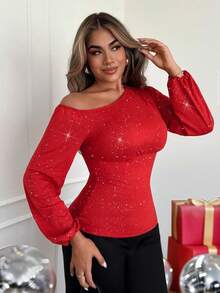 Xyvia 女士新款秋冬性感优雅万圣节、圣诞节、感恩节、新年派对、休闲、日常、通勤、办公室上衣。时尚闪亮、高弹针织面料、斜肩、灯笼袖、长袖、收腰、修身、玫红色T恤 - 紅色 - 查看 1