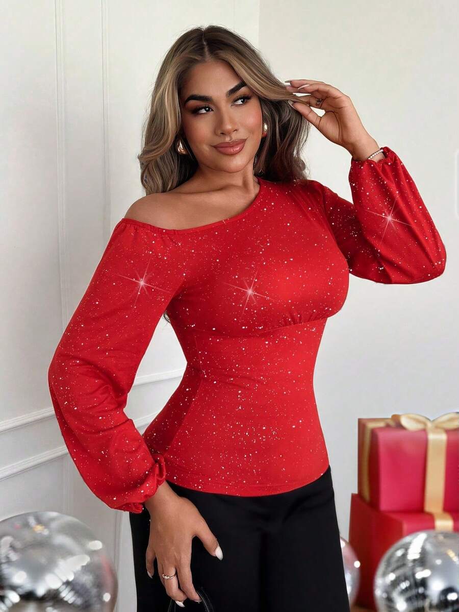 Xyvia 女士新款秋冬性感优雅万圣节、圣诞节、感恩节、新年派对、休闲、日常、通勤、办公室上衣。时尚闪亮、高弹针织面料、斜肩、灯笼袖、长袖、收腰、修身、玫红色T恤 - 紅色 - 查看 1