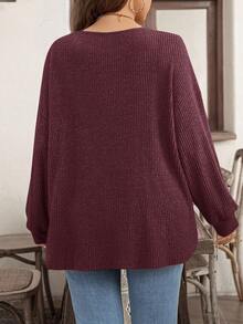EMERY ROSE T-shirt à manches longues côtelé de couleur unie pour femmes grandes tailles - Rouge foncé - Voir 2