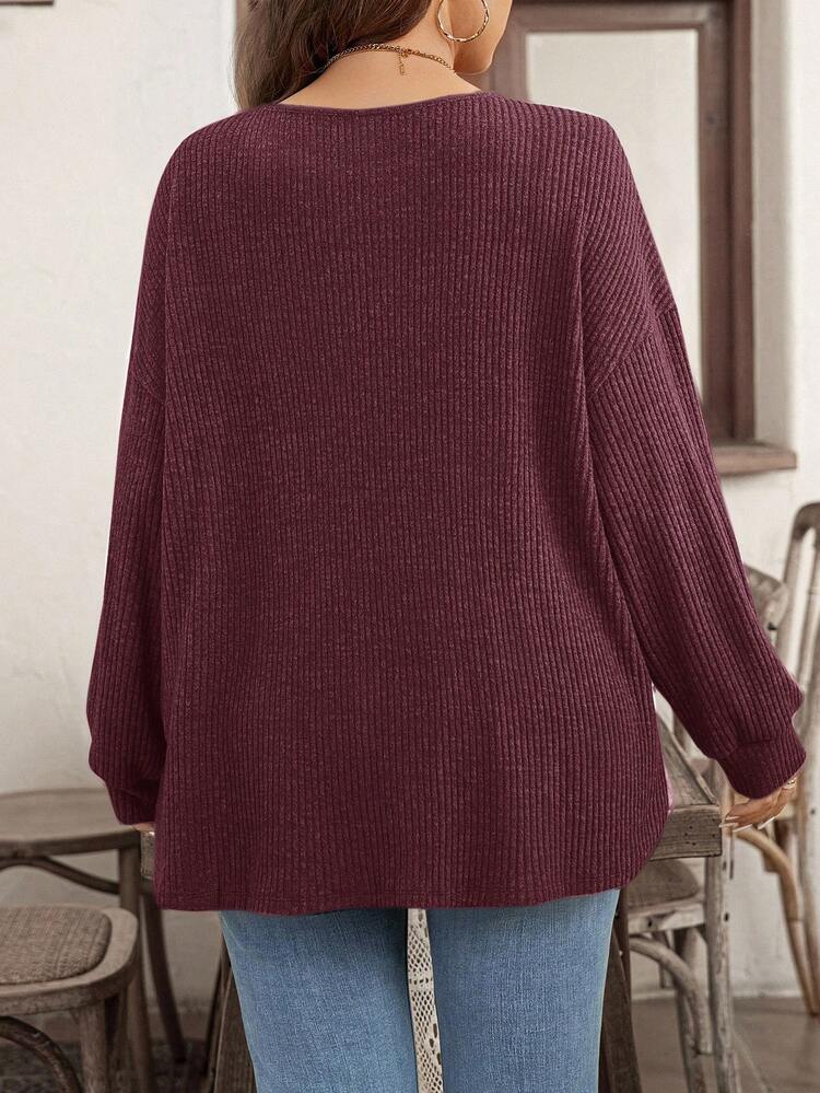 Plus Size Women Casual Solid Color Ribbed Long Sleeve T-Shirt Fall Sweater Fall Tops Women Women Sweater Sweater Tops Button Detail Sweater