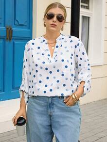 Rosumi Blouse décontractée à encolure en V à pois pour femmes grandes tailles, avec épaules tombantes et polyvalente