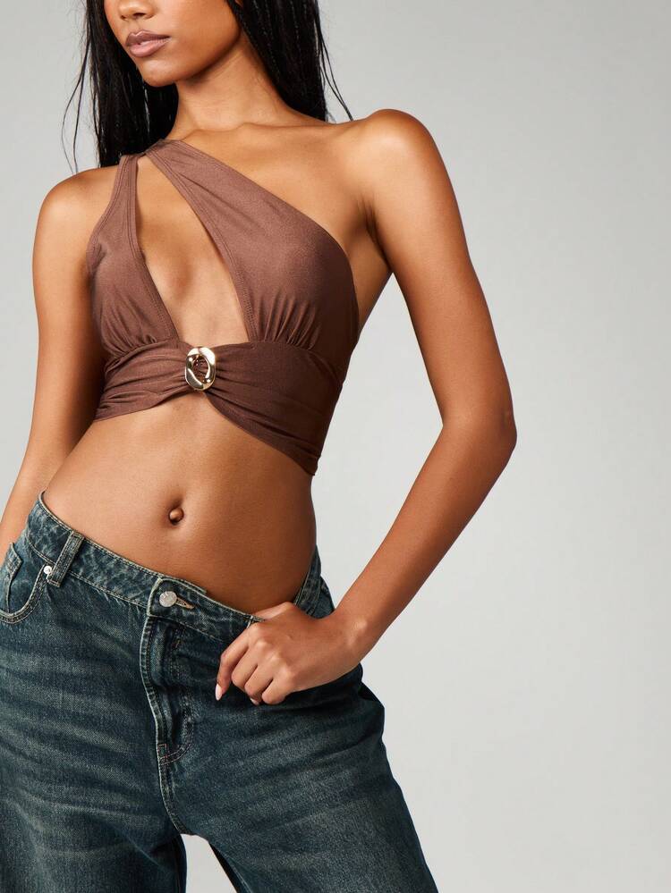 MISSGUIDED One Shoulder Cut Out Crop Top Ring Detail Cami Fashion Asymmetric Party Club Summer Y2K Festival Tank Crossover