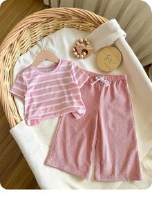 SHEIN LMoss Kids Baby Girl Adorable Knitted Pink Striped Short Sleeve Top And Elastic Waist Pants 2 Pieces Set, Baby Girl - Multicolor - View 4