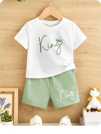 Baby Boy Letter Print T-Shirt And Shorts Casual Minimalist Set, Suitable For Summer