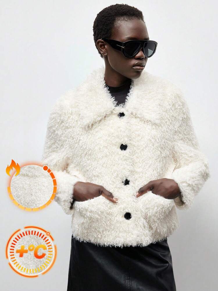 SHEIN Maija Women's Solid Color Long Sleeve Single-Breasted Pocket Design Casual Faux Fur Jacket Modern Urban Casual Fashion Business Casual Women's Office Wear Low-Key Old Money Style Effortless Temperament High-End Urban Commuting High-Quality Airport Women's Wear High-End Material Back-To-School Season Campus Wear Club Wear Youthful Casual Style Christmas Evening Clothes New Year Atmosphere Holiday Party Women's Clothing Autumn Winter Clothes For Women