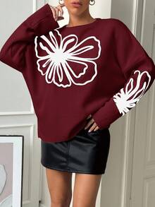EURMUSE Women Floral Print Crew Neck Long Sleeve Simple Casual Tops, Everyday Wear - Burgundy - View 4
