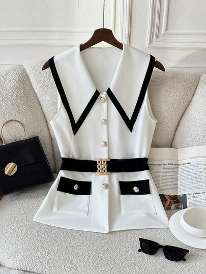 GlowEve Women's Cinched Waist Jacket For Autumn/Winter, Versatile Vest For Commuting, Single-Breasted Metal Button Contrast Trim Black & White Coat, Elegant Women's Vest Top