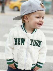 SHEIN Toddler Boys' Embroidered Letter & Striped Fleece Zip-Up Jacket, Infant/Toddler Boys' Fleece Outerwear, Suitable For Daily Wear, Outdoor, Autumn/Winter