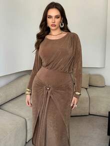 Modelyn 大码女式优雅秋冬针织褶饰修身长款休闲连衣裙 - 駝色 - 查看 6