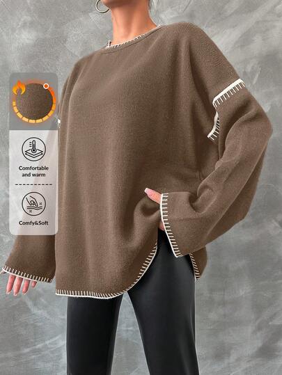 EURMUSE Kontrasttröja för kvinnor med rund hals långärmad enkel tröja, vardagskläder