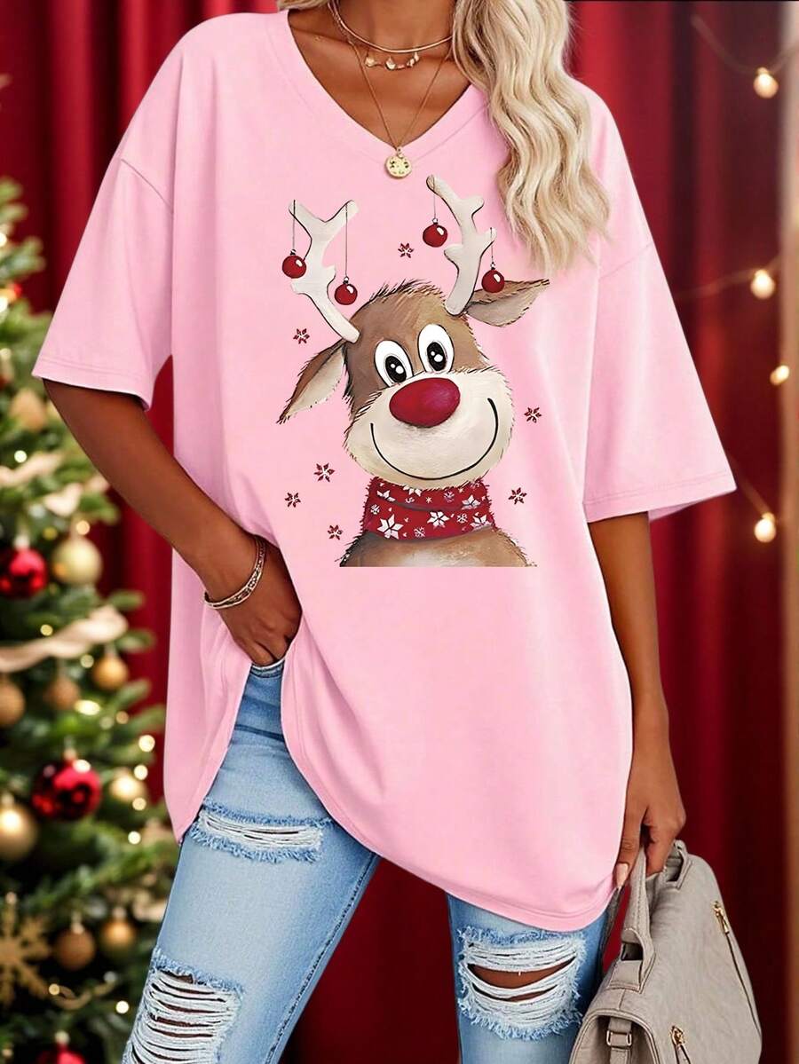 EMERY ROSE Plus Size Women's Christmas Reindeer Print Short Sleeved T-Shirt, Christmas V-Neck T-Shirt, Suitable For Spring And Summer Wear - Pink - View 1