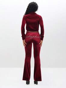 BABYPHAT Low Rise Velour Sweatpants With Flared Legs And Rhinestone Details For Fall Winter Red 2 Piece Set - Burgundy - View 6