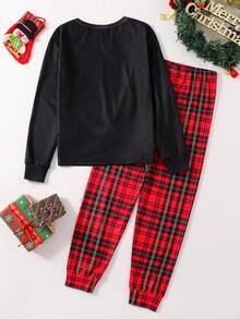 SHEIN Bộ đồ ngủ dài tay cổ tròn in hình ông già Noel dành cho trẻ em/bé trai tuổi teen, gồm áo và quần in họa tiết kẻ caro, màu đen và đỏ, phù hợp cho mùa thu/đông - Nhiều màu - Xem 3