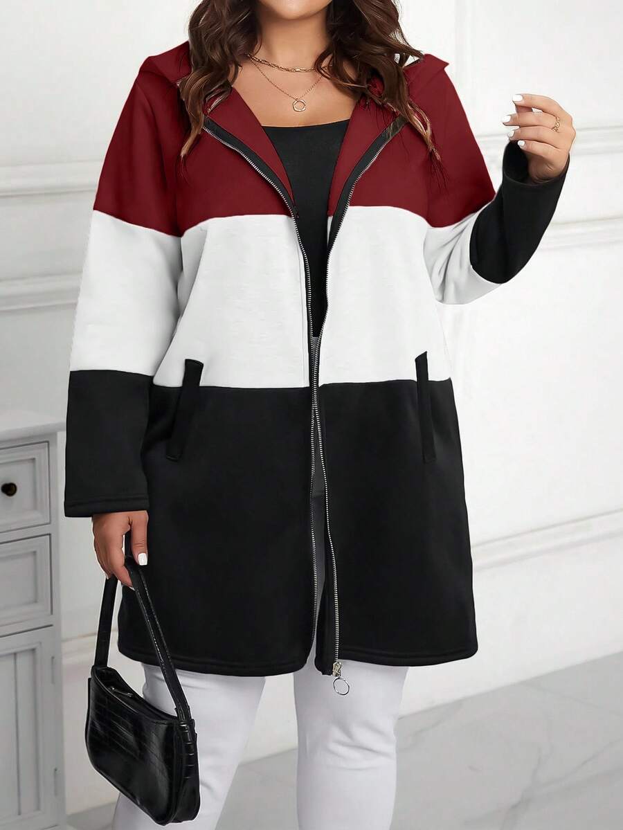 Plus Size Casual Everyday Contrast Color Zip-Up Hooded Jacket, Autumn