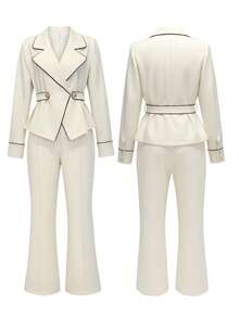 GlowEve 女式休闲撞色腰长袖西装外套和纯色裤子两件套西装套装，秋冬 - 杏色 - 查看 3