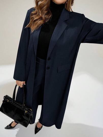 Auralis Plus Size Women's Spring And Autumn Fashion Casual Loose Comfortable Daily Versatile Slim Long Suit Jacket And Wide-Leg Pants Gray Suit Set,Old Money Style,Business Casual Woman,Office Outfits For Women,Work Wear,Fall Outfits/Winter