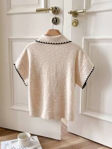 SHEIN Frenchy 女式撞色饰边短袖针织上衣 - 杏色 - 查看 2