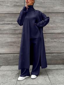 EURMUSE 3pcs Women Solid Color Stand Collar Knit Vest, Cardigan And Pants Set - Navy Blue - View 5