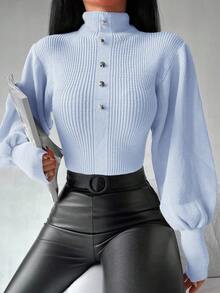 EURMUSE Pull col roulé décontracté avec boutons, automne/hiver pour femmes - Bleu ciel - Voir 5