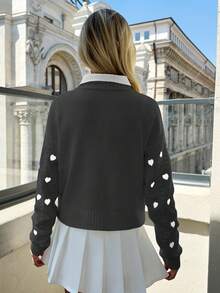 EURMUSE Women Hearth Embroidery Textured Knit Round Neck Pullover - Dark Grey - View 5