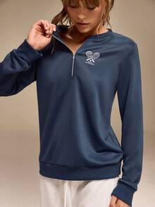 Hanevo 女士流行网球印花运动衫，海军蓝，秋冬 - 藏蓝色 - 查看 6