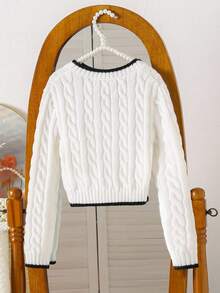 SHEIN Tween Girls' Bow Pattern V-Neck Long Sleeve Casual Sweater Fall Winter - White - View 2