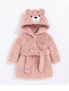 SHEIN 新生男婴可爱熊刺绣3D耳朵加厚腰袍 - 粉色 - 查看 2