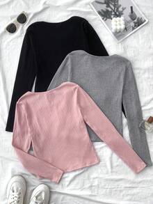 SHEIN 3件套青少年女孩纯色罗纹圆领长袖休闲T恤 - 彩色 - 查看 2