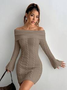 Flirla EZwear Off-Shoulder Long Sleeve Twist Cable Fitted Sweater Dress - Brown - View 6