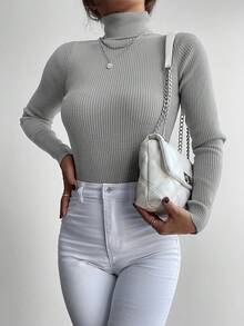 EURMUSE Women's Solid Color Minimalist Turtleneck Long Sleeve Sweater, Everyday Wear - Light Grey - View 6