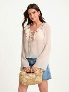 CAJUNI BLUSA HOLGADA CON CUELLO DE VOLANTES - BEIGE - Crema - Ver 6