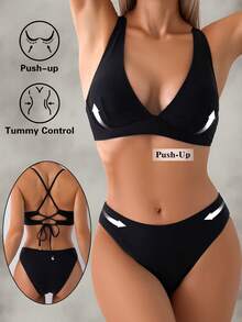 Conjunto de traje de baño de verano para mujer de unicolor, con tirantes cruzados en la espalda, decoración de concha metálica, alta elasticidad y ajuste cómodo - Negro - Ver 2