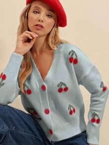 RueChic Cherry Pattern Drop Shoulder Cardigan - Mint Green - View 5