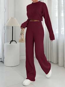 EURMUSE Casual Solid Color Cropped Sweater And Ankle Length Pants, Autumn/Winter - Burgundy - View 5
