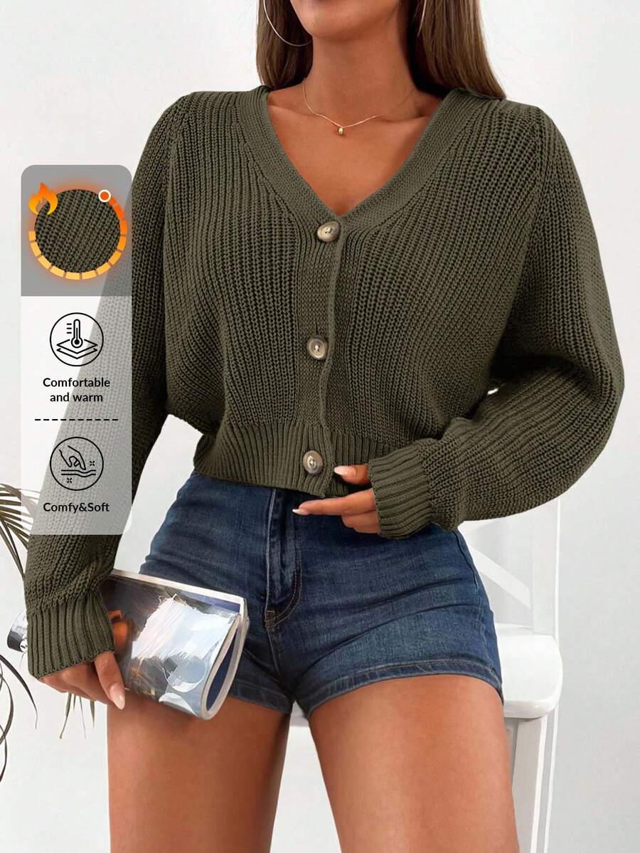 EURMUSE 女士休闲纯色短款开衫 - 軍綠色 - 查看 1