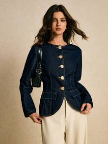 Poéselle 女士时尚休闲纽扣长袖牛仔衬衫，女士牛仔外套，女士夹克，女士短款牛仔外套，舒适秋冬款式，圣诞节女装，长袖衬衫，女士冬季外套 - 深色水洗藍 - 查看 3